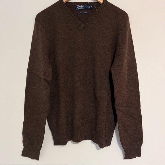 Polo Ralph Lauren Lambs Wool Brown V-Neck Sweater Medium NWT - Picture 1 of 8